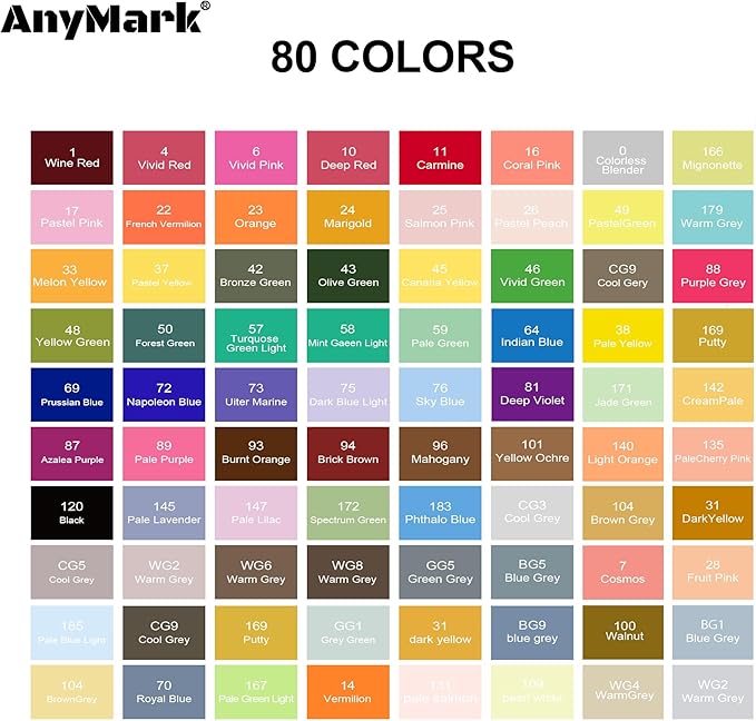 AnyMark Alcohol Markers, 80 Colors Dual Tip Art Coloring Markers Set for Adult Book Drawing Sketching Painting, Chisel & Fine, White Penholder