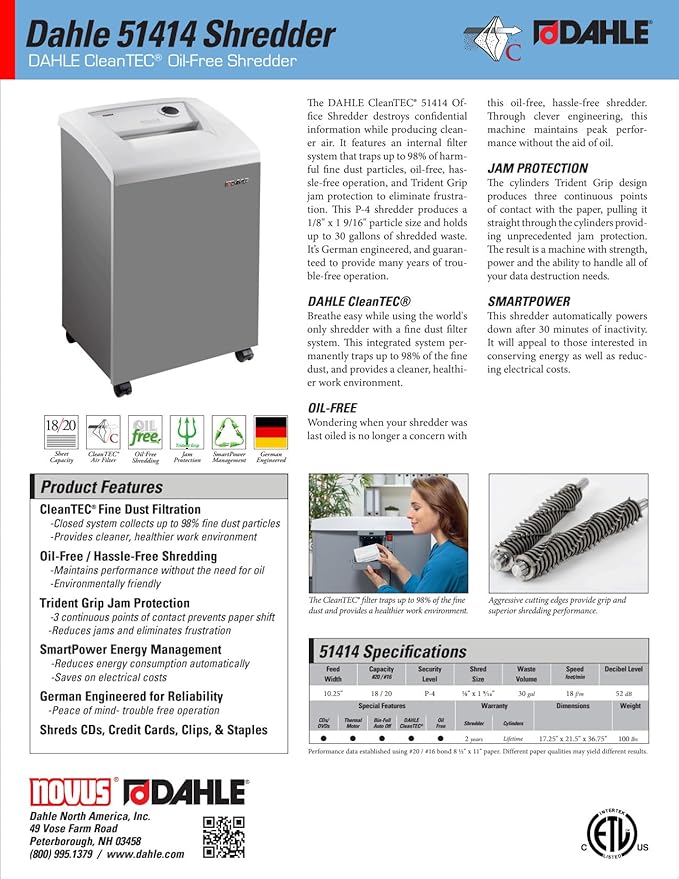 DAHLE CleanTEC 51414 Paper Shredder w/Air Filter, Cross Cut, P-4 Security, German Engineered, Jam Protection, Oil Free, SmartPower, 18 Sheet Max