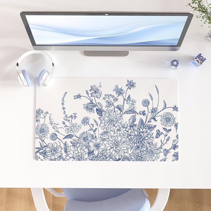 Faux Leather Large Mouse Pad, Office Desk Mat, 23.6"x13.8", Blue Flowers | Desk Décor Accessories, Extended Size, Waterproof & Easy to Clean, Smooth Surface, Non Slip Desk Organization