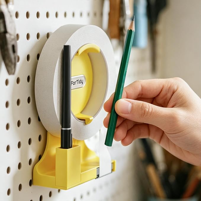 ForTidy Magnetic Masking Tape Holder, Painter's Tape Dispenser, Yellow | Removable Label System, Cutter Pen Holder, For Home Kitchen, Office, Fridge, Garbage, School (Tape and Pen Not Included)