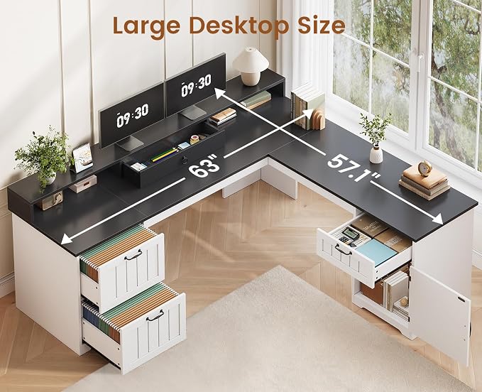 SEDETA Farmhouse 63" L Shaped Desk with Drawers and Storage Cabinet | Office Desk with File Drawers, Wood Corner Computer Desk with Storage, Home Office Desk with Monitor Stand,Black and White