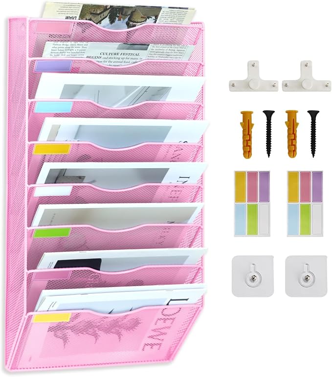 8 Pockets Mesh Wall File Holder Organizer Office Hanging File Folder Magazine Rack, Nametag Label Hooks Set Included (Pink)