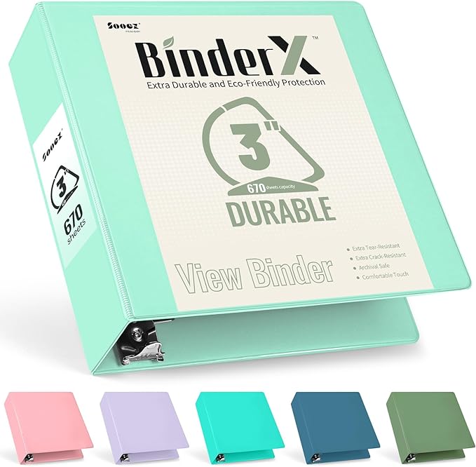 Sooez BinderX Extra Durable 3 Inch 3 Ring Binder, D-Ring Large Binders, Holds 670 Sheets of 8.5x11 Paper, Customizable View Cover with Inside Pockets, Heavy Duty 3 Ring Binder for School, Light Green