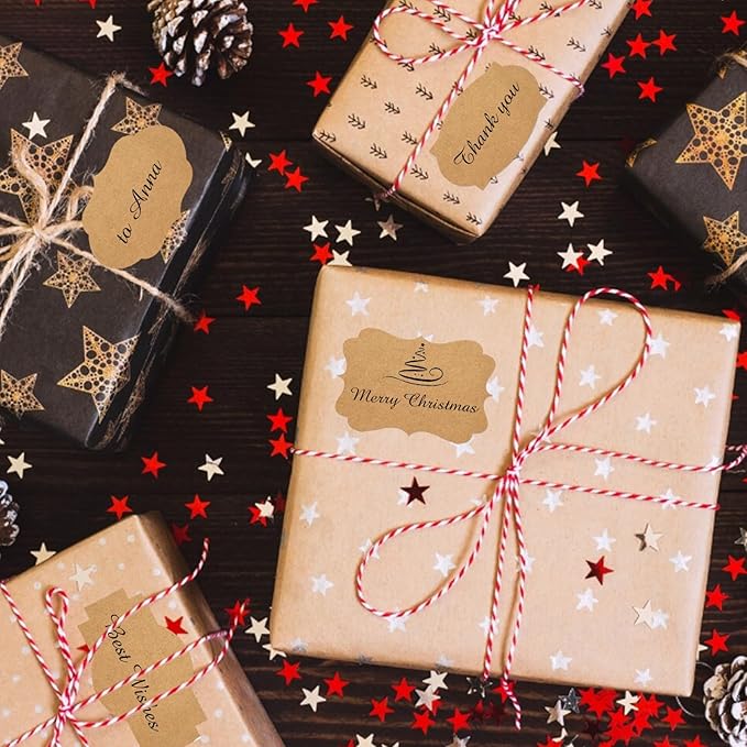 Dark Kraft 350 PCS Gift Tags Stickers, 2" x 1.2" Fancy Shape Self-Adhesive Labels for Presents, Cosmetic Decoration, Food Craft Jars