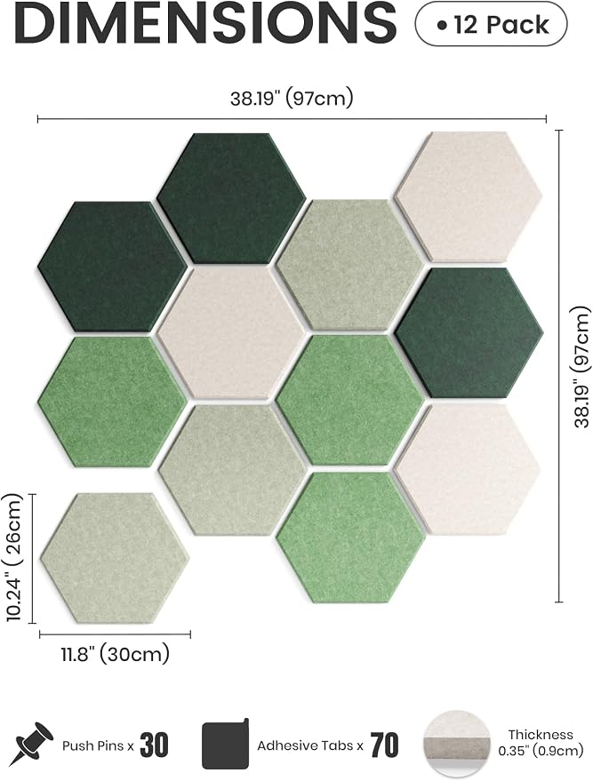 Fluxynara 12-Pack Hexagon Felt Bulletin Board Tiles, Sagewood | Cork Board Alternative with 60 Adhesive Tabs for Notes, Photos and Reminders in Home Offices, Dorm and Classrooms