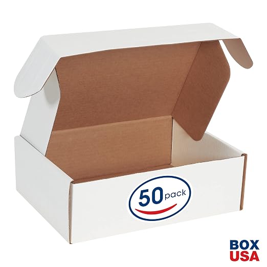 Box USA 12" Deluxe Shipping Boxes, 12 1/8"L x 9 1/4"W x 4"H, 50-Pack - White Box Mailers for Packaging, Storage, Gifts or Bulk Business Orders