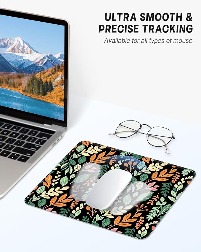 Mouse Pad, Cute Mouse Mat, 10" x 8", Black Leaf -01 | Square Waterproof Gaming Computer Mat, Textured Top, Stitched Edges, Non-Slip Rubber Base for Office Home Laptop Keyboard