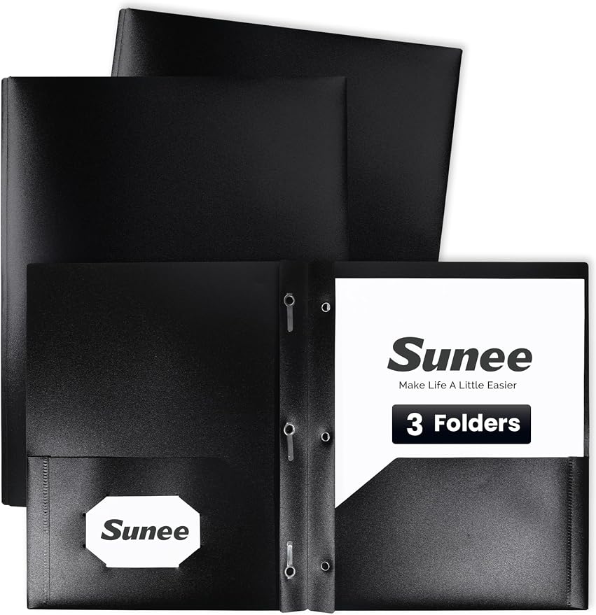 SUNEE 2 Pocket Folders with Prongs (3 Pack, Black) Plastic Folders with Pockets and Prongs Fit Letter Size, Poly Folders with Pockets for School Office Home Business