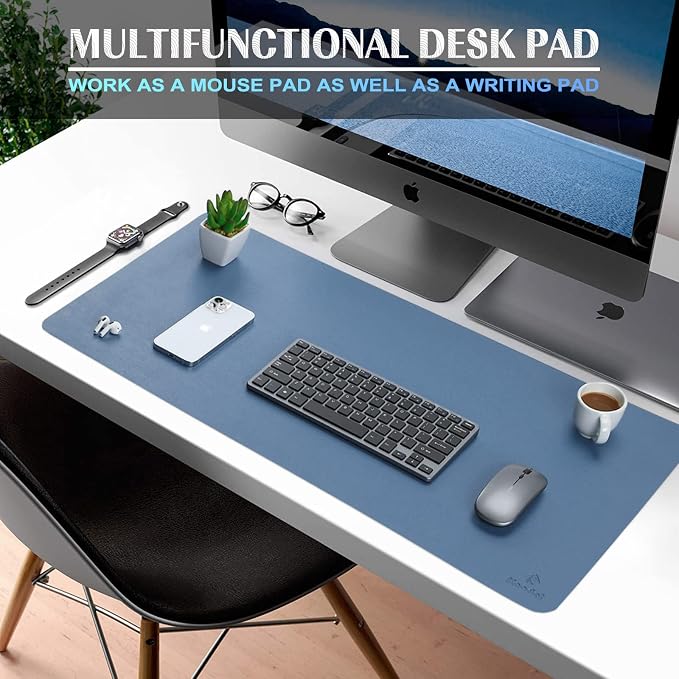 K KNODEL Small Office Desk Mat, Leather Mouse Pad (23.6"x13.8", Lake Blue) | Desk Pad, Keyboard Pad, Computer and Laptop Mat, Desktop Protector and Cover, Writing Pad and Blotter for Home Office