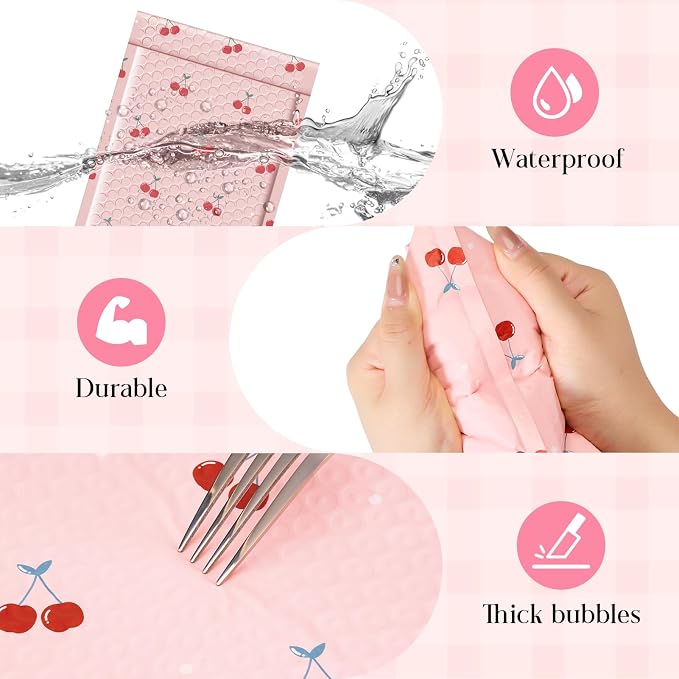 METRONIC Bubble Mailers 6x10 Inch 25 Pack Cute Padded Mailers Cherry Pink | Usable Size 6x9 Waterpoof Patterned Padded Envelopes Self Seal Strong Adhesion Bubble Envelopes for Packaging Jewelry
