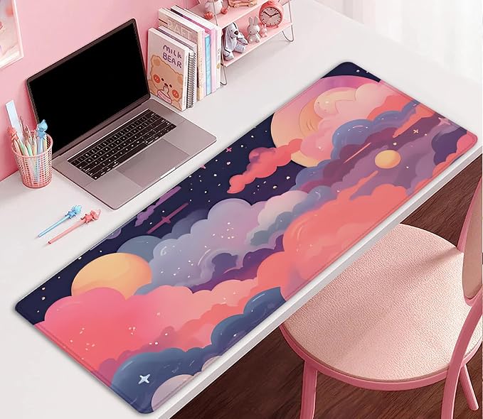 Red Cloud Desk Mat Cute Mouse Pad,Kawaii Anime Large Mousepad with Non-Slip Stitched Edges,Keyboard Mouse Mat Desk Pad for Women Girl Work Office Home(27.5X11.8 in)