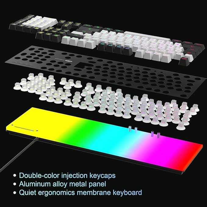 MageGee GT838 Gaming Keyboard and Mouse Combo, 104 Keys RGB Backlit Quiet Wired Keyboards for Laptop PC MAC, with Number Pad, Metal Panel, Anti-Ghosting, White Black