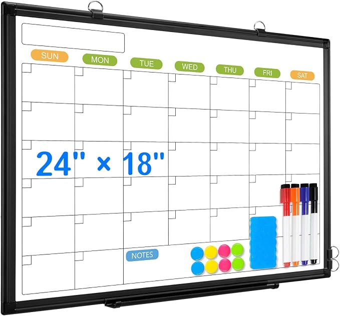 24" x 18" Magnetic Monthly Dry Erase Whiteboard Calendar for Wall | Double-sided & Smooth Writing Calendar White Board Hanging with Black Aluminum Frame, Home, School, Office