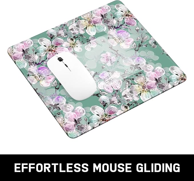 Mouse Pad, Minimalism Marble Style Computer Pad, Anti-Slip Rubber Mouse Mat with Stitched Edges for Gaming, Office, Laptop, PC, Women, 9" x 8" Thick 3 mm, Green Pink Peach Blossom