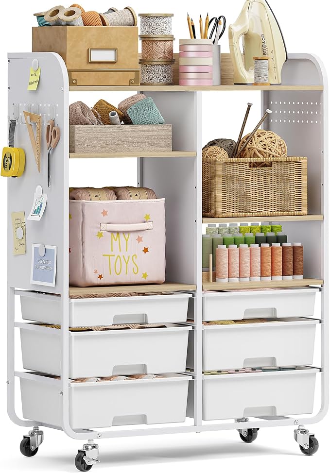 6 Drawers Rolling Storage Cabinet with Wood Top& Pegboards White | Utility Craft Cart with Adjustable Shelves & Lockable Wheels for Classroom, Home Office & Art Studio, Household Organization