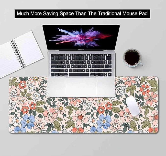 Pink Blue Floral Desk Mat Cute, XL Green Leaf Flowers Extended Mousepad, Non-Slip Rubber Base Stitched Edge Large Mouse Pad Desk Pad for Women Gamer Office,Computer Accessories,31.5 X 11.8 in