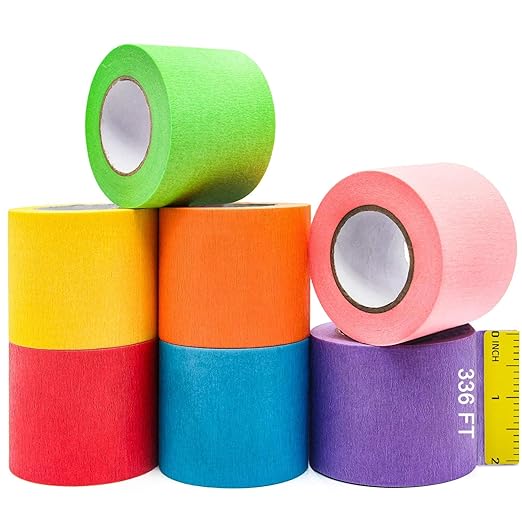 Painters Tape 2 Inch - Rainbow Colored Wide 7 Pack X 16 Yards - Colorful Masking Tape for Kid Craft Tape, Multi Color Labeling & Classroom Floor Decorative