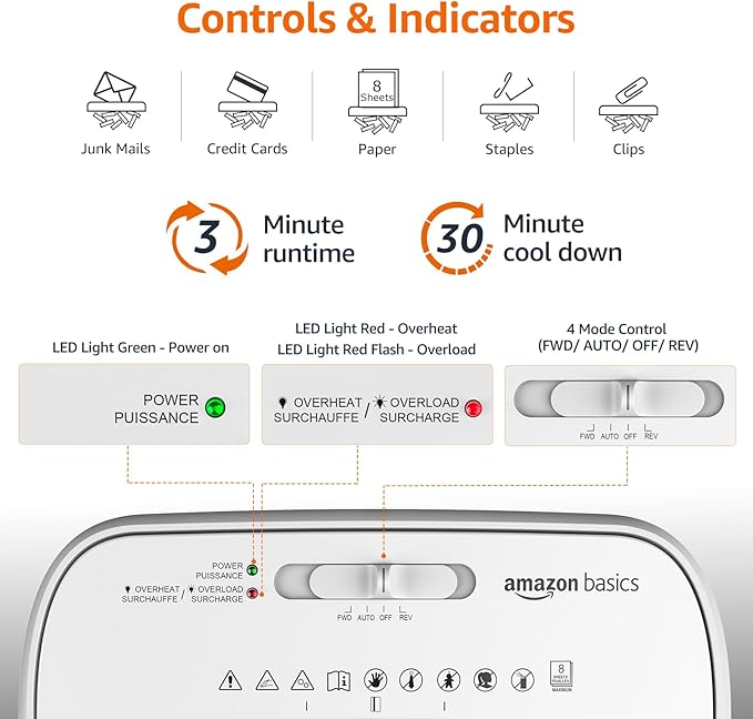 Amazon Basics 8-Sheet Cross Cut Paper and Credit Card Shredder for Security, Heavy Duty, White