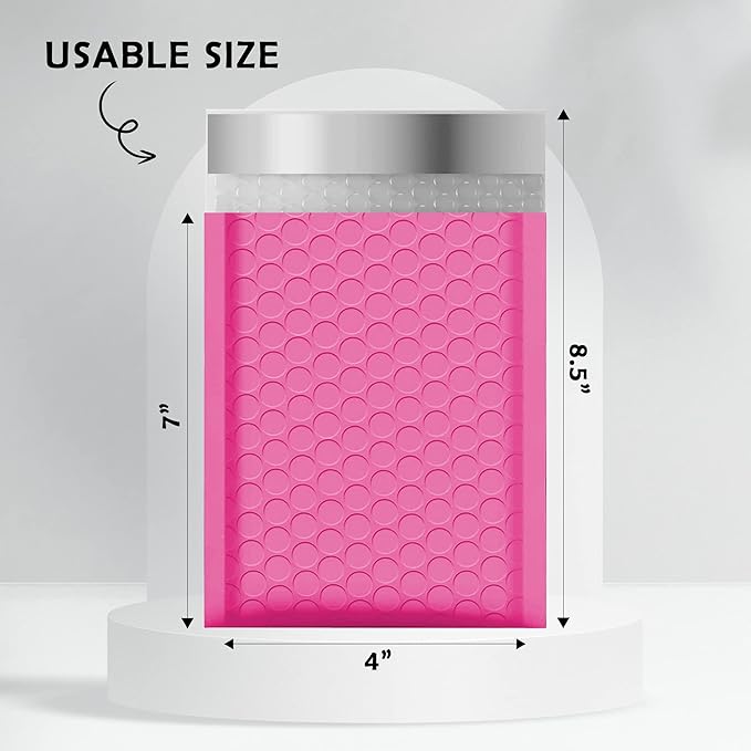 Yens Poly Bubble Mailers 4x8 50 Pack Hot Pink Waterproof Self Seal Adhesive Shipping Bags, Cushioning Padded Envelopes for Shipping, Mailing, Packaging Usable 4x7