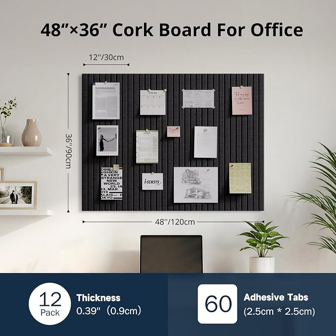 Felt Bulletin Board 48"×36" Cork Board with 60 Adhesive Tabs Black | 12 Pack Cork Boards for Office, Pin Boards For Walls, Use in Bedroom Home Classroom Decor