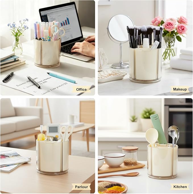 Comix 360° Rotating Pen Holder for Desk, Pencil Holder with 5 Slots, Cute White Plastic Desk Organizer for Home School Office Supplies