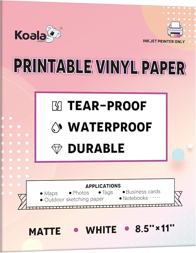 KOALA PAPER Waterproof Paper for Inkjet Printer, 8.5x11 Inch 30 Sheets, Matte White Tear-Resistant Printable Paper, Durable and Quick-Drying
