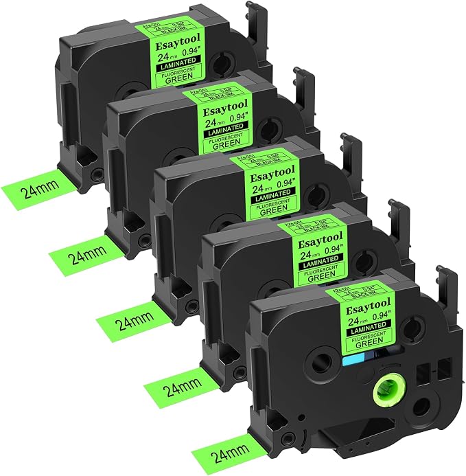 5 Pack Esaytool Replacement for P-Touch TZe-D51 TZeD51 TZD51 24mm 0.94 Black on Green Fluorescent Laminated Compatible with Ptouch PT-D600 P750W P700 E500 PT-P710BT Label Maker