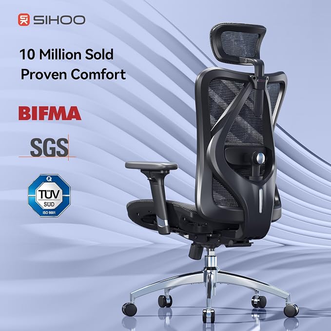 SIHOO M57 Ergonomic Office Chair, Mesh Back Desk Chair with 3D Armrests | Adjustable Headrest & Lumbar Support, Comfortable Computer Chair, Hold 330 LBS, Home Office - Black