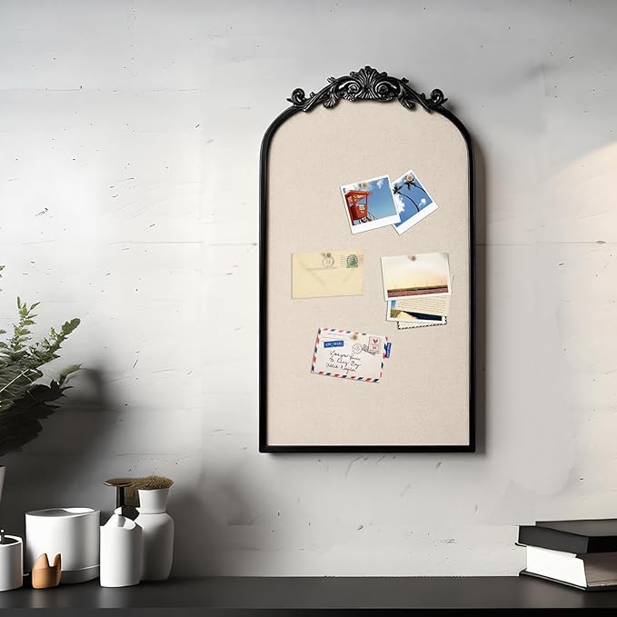 Vintage Framed Pin Board Linen Display Bulletin Board Large Ornate Fabric Picture Photo Pinboard Memo Decorative Prayer Pinboard Ornate for Wall Gift(Arch,13" X 25",Retro Black)