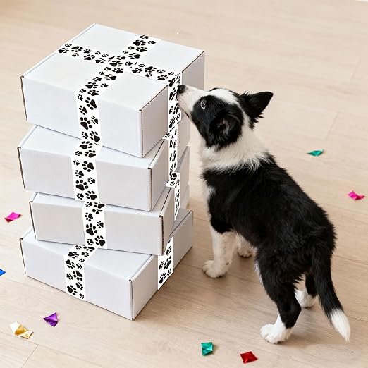 Whaline 109 Yard Dog Paw Packing Tape Waterproof Shipping Tape White Black Pet Paw Gift Wrapping Tapes for Small Business DIY Crafts Box Carton Decor