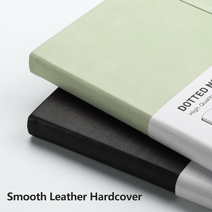 RETTACY Dotted Journal Notebook, 2-Pack, 160 Numbered Pages per Pack, A5 Medium Size (5.7'' x 8.3''), 120 GSM Thick Paper, Leather Hardcover, for Journaling, Planning, Tracking (Black & Light Green)
