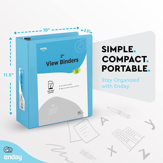 Enday 2 Inch 3 Ring Binder, Blue Heavy Duty Three Ring Binder, 480 Sheets Capacity - 2 Inch Binder for Home School and Office.