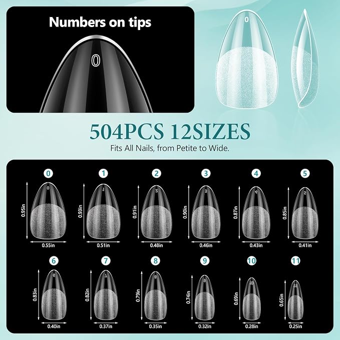LIONVISON Short Almond Nail Tips: 504PCS Matte Full Cover Fake Nails | 12 Sizes Break-Resistant Pre-Shaped No Polish Needed - DIY Nail Extension for Women Beginners at Home Long-Lasting