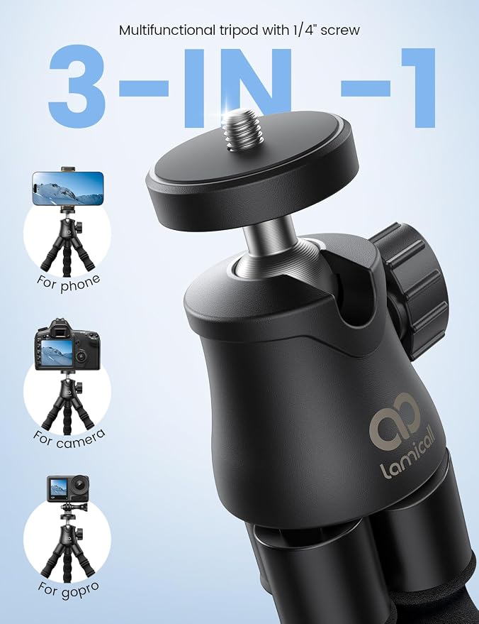 Lamicall Tripod for iPhone with Wireless Remote for iPhone Gopro Camera | Ultra-Stable, Mini Flexible Phone Stand for Recording with 1/4'' Screw, Cold Shoe for Pocket 3/4 fit Travel Content Creation