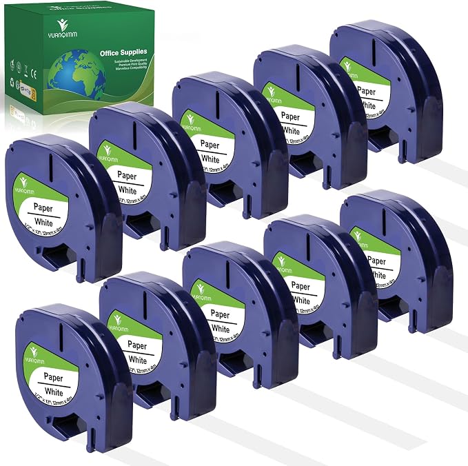 10-Pack Label Tape Replace Compatible for DYMO Label Maker Refills Letra Tag LT 91330 White Paper, 12mm x 4m(1/2" x 13ft) Label Maker Tape for LT-100H LT-100T Printer