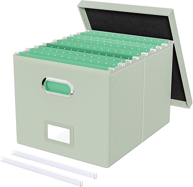 File Organizer Box,Filing Box with Lid,File Box for Letter/Legal File Folder Storage, Portable Hanging File Box for Office/Decor/Home,1 Pack, Grey-green(Leather),Box only, AM03118