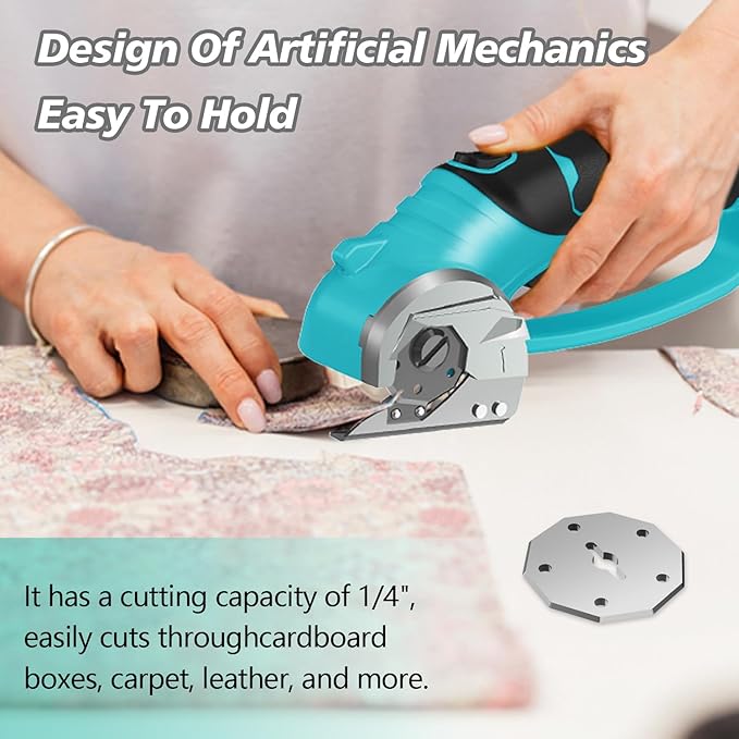 Cordless Electric Scissors, 4V Rechargeable Box Cutter & Cardboard Cutter with LED Light, Safety Lock - Rotary Cutter for Fabric, Leather, Plastic, Crafting, Sewing with Storage Box (Turquoise)