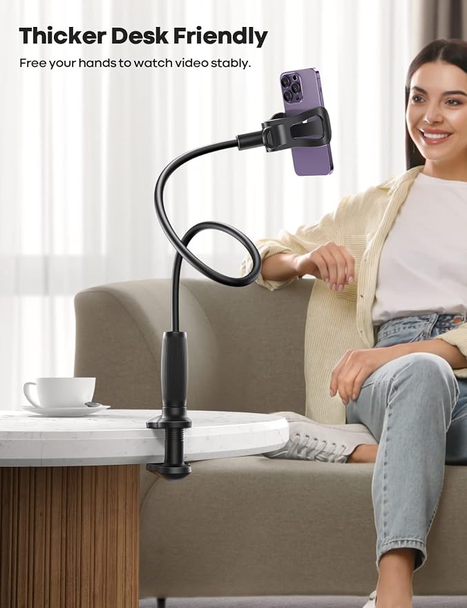 Lamicall Gooseneck Phone Holder for Bed, Stable Flexible Arm Stand for Desk | Upgraded Al-Mg Alloy Core, Secure Clamp Base, 33.4" Long Arm, Hands-Free Viewing, Bedside & Desk Use, Fits 4-7" Phones, Black