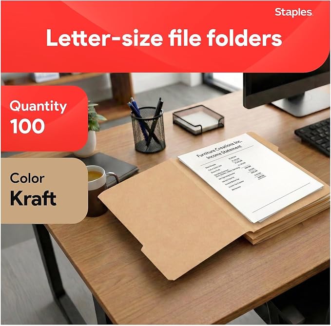 Staples Colored File Folders, Letter Size, 3-Tab, Kraft, 100/Pack | Durable paper stock for everyday office document organization and filing.