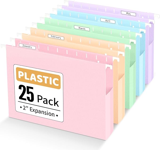 Sooez Extra Capacity Plastic Hanging File Folders, File Organizer | 25 Count Expanding File Folders Letter Size with 2" Expansion, Adjustable Tabs for File Cabinet, Drawer, Pastels Colors