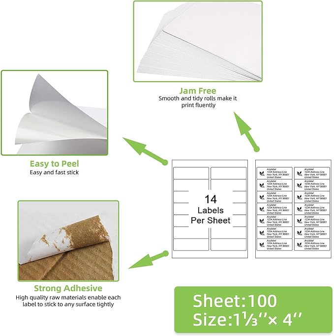 14 Per Page Mailing Labels 1-1/3" x 4" Shipping Address Sticker Paper for Laser & Inkjet Printer, 4” x 1.33" 14 up Label (100 Sheets, 1400 Labels)