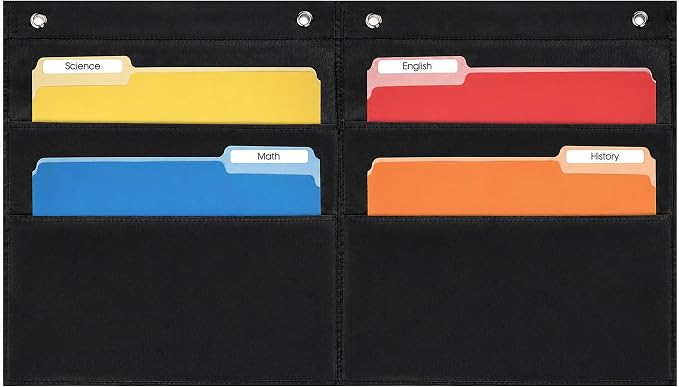 Essex Wares - 4 Pocket File Pocket Chart, Black, 28" Wide x 16" Tall | Versatile Wall Hanging File Folder Organizer for Classrooms, Offices, Home, and More - Wall Folder Organizer