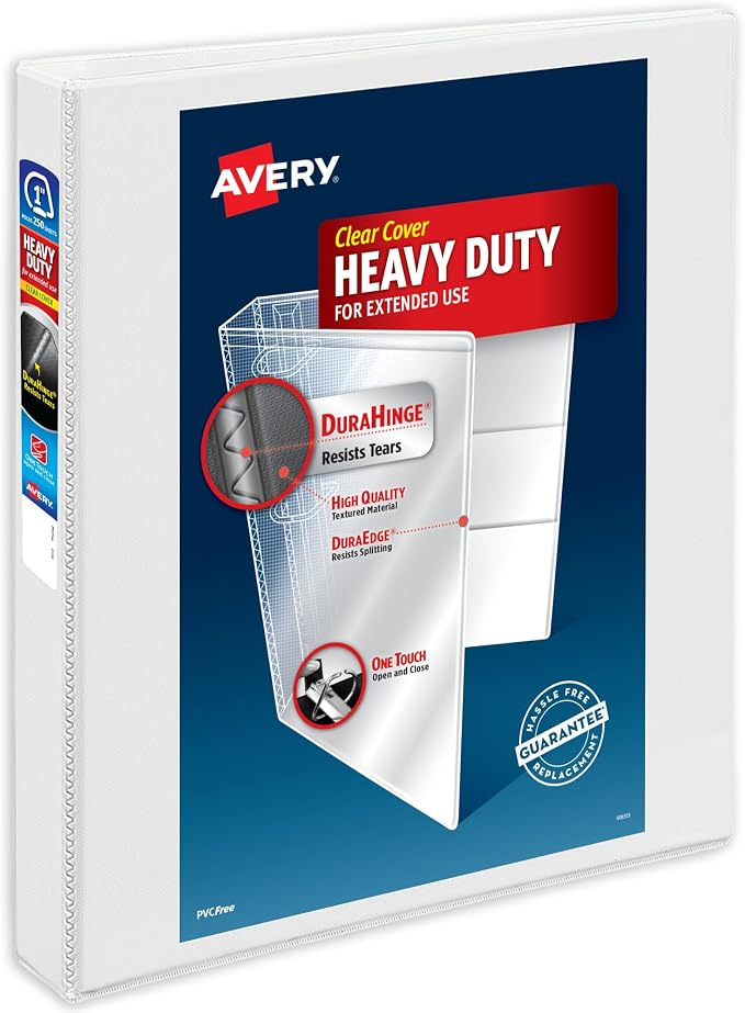 Avery Heavy-Duty View 3 Ring Binder, 1 Inch One Touch Slant Rings, 250-Sheet Capacity, DuraHinge, 1.4 Inch Wide Spine, Customizable Clear Cover and Spine, 1 White Binder (79799)