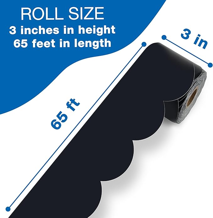 Carson Dellosa Education 65Ft of Black Bulletin Board Borders, 1 Roll of Scalloped Trim for Rolling Whiteboard, Cork and Posterboard, Party, Office Decorations, and Classroom Decor