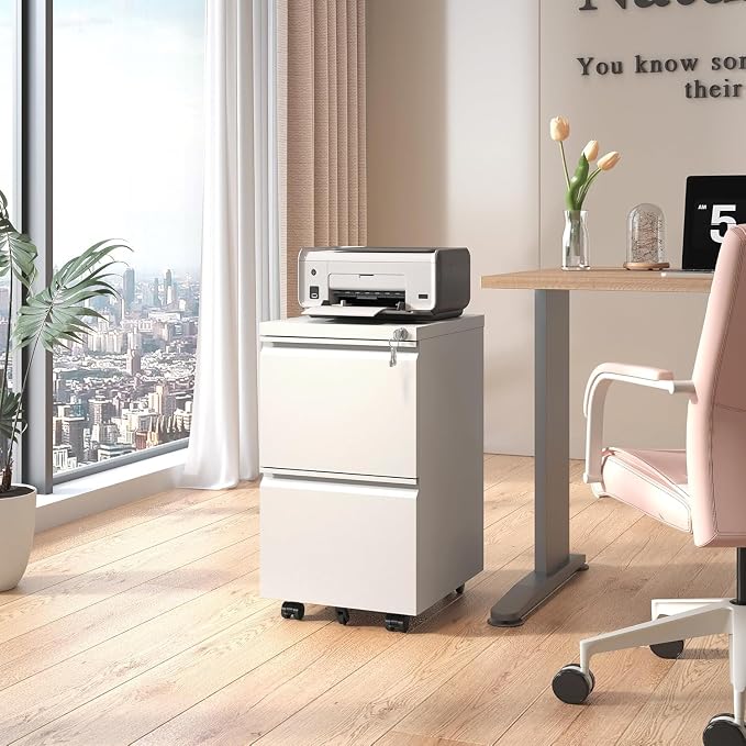 Guizeeopo 2 Drawer Locking File Cabinet, Fully Assembled Heavy-Duty Metal Filing Cabinets for Home Office, Quiet Slides, Anti-Tipping Wheels, Fits A4/Letter/Legal, Matte White