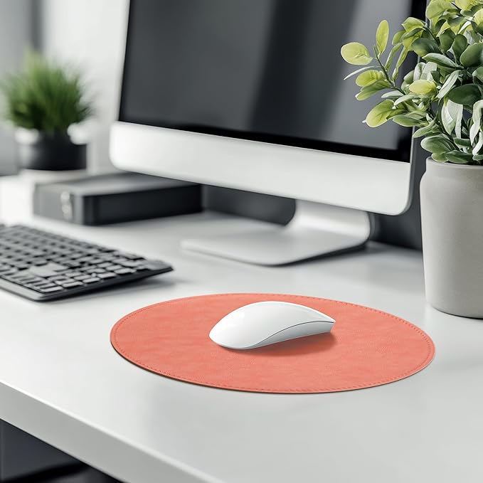 Mouse Pad，Round Mouse Pad，PU Mouse Pad，Leather Mouse Pad with Stitched Edge Micro-Fiber Base with Non-Slip Waterproof，Mouse Pad for Computers，Laptop，9 x 9 Inch (Pink)