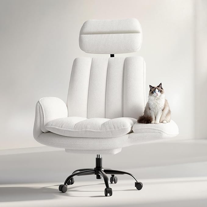 Criss Cross Office Chair with Armrests & Wheels, Comfy Velvet Vanity Chair, Ergonomic Executive Gaming Computer Chairs with Foot Rest, Wide Seat Reclining Desk Chair, White