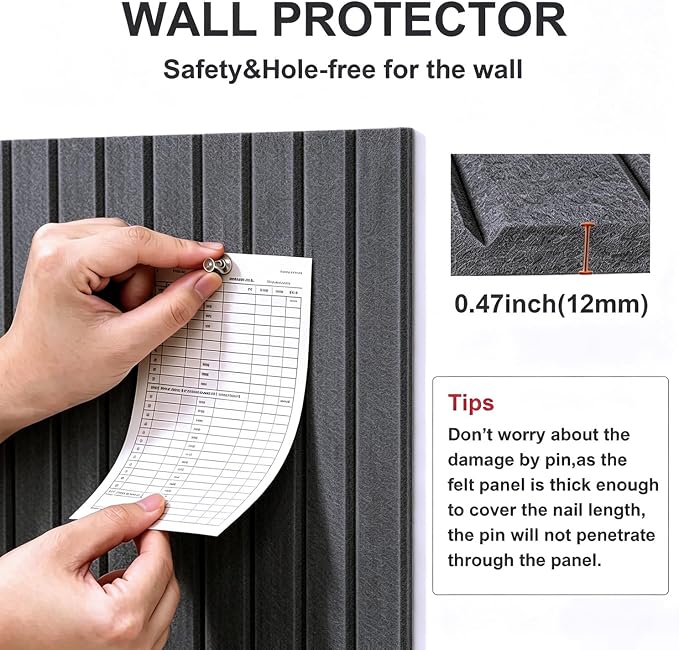 0.47" Thick Felt Pin Board 36"x24" Large Cork Board Alternative 6 Pack 11.81"x11.81"Felt Bulletin Board Wall Tiles Notice Board with 30 Pushpins for Home Office School(Fine-Charcoal Grey)