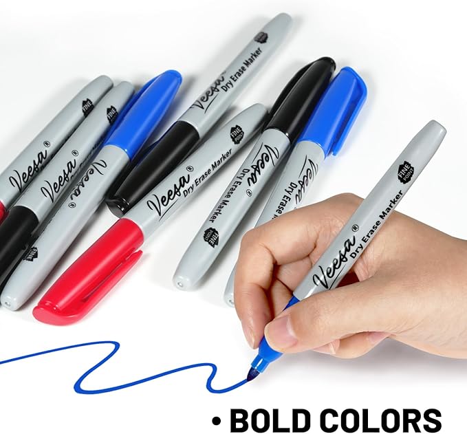 VEESA Dry Erase Markers (Black Red Blue), Fine Tip, 75 Count Low-Odor Whiteboard Marker Pens for Office School Home