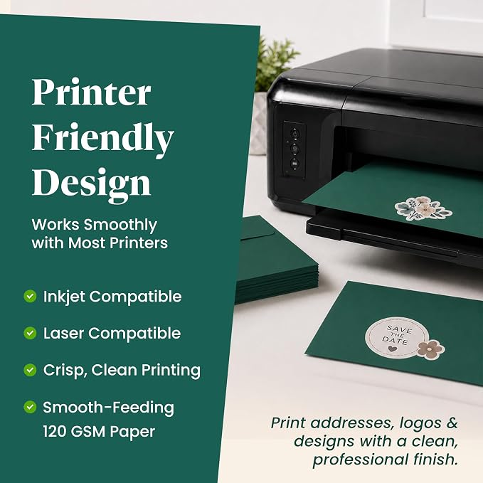 110 5x7 Pine Green Invitation Envelopes - for 5x7 Cards - A7 - (5 ¼ x 7 ¼ inches) - Perfect for Weddings, Graduation, Baby Shower - 120 GSM - Peel, Press & Self Seal - Square Flap